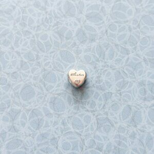 Authentic Pandora “Sister” Silver Heart Charm w/ Pink CZ